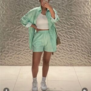 Green Striped Button Down Shirt and shorts set